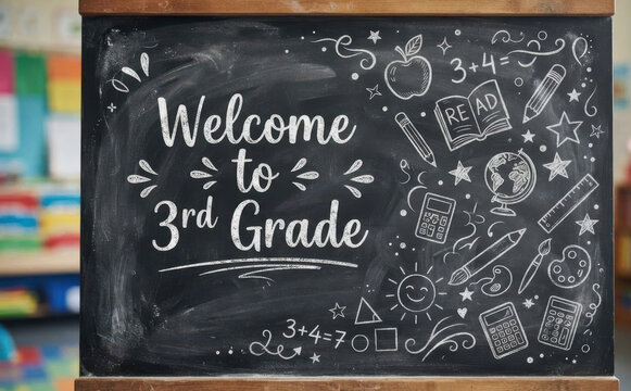 Welcome to 3rd grade blackboard chalkboard sign with school supplies drawings for education concept background