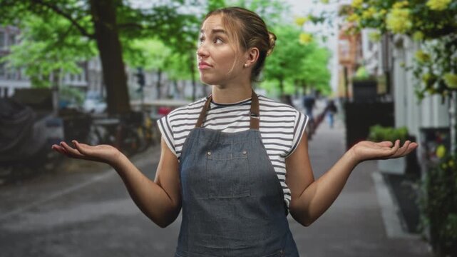 Young blonde woman in denim apron and striped top shrugs with open palms on street cafe walkway, confused frown and empty hands visible; confusion uncertainty.