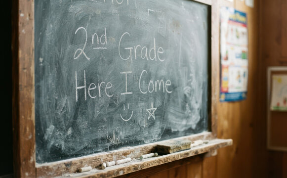 Chalkboard with 2nd Grade Here I Come written in white chalk for elementary school education and back to school concepts