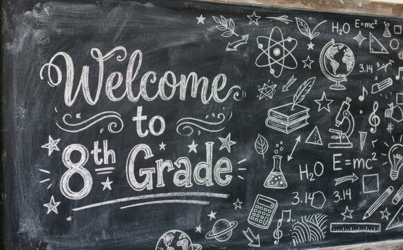 Welcome to 8th grade chalkboard banner with educational doodles and science math symbols for middle school classroom and education background concept
