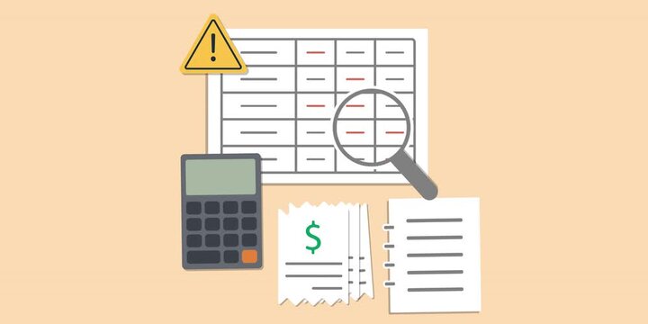 Financial worksheet with highlighted errors, magnifying glass, calculator, receipts, warning symbol and correction notes. Financial mistake analysis concept scene.