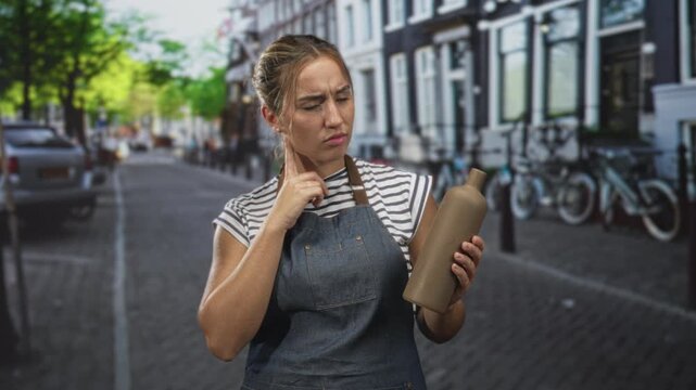 Woman in apron holds ceramic bottle, hand on chin, street; curiosity product evaluation craftsmanship.
