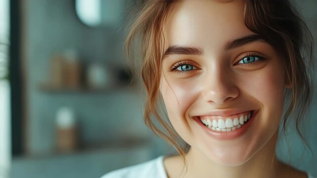 A cheerful young female smiling with bright blue eyes