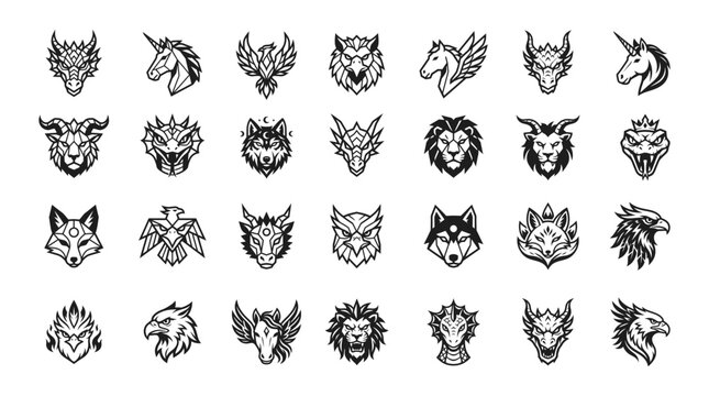 Set of various fantasy animal head icons including dragons unicorns lions and eagles in black and white