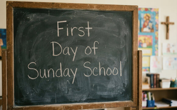 First Day of Sunday School Written on a Chalkboard in a Classroom with Religious Decor Representing Christian Education and Children Ministry