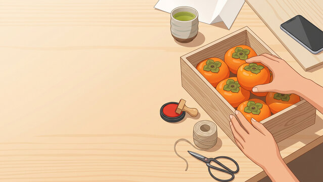 Vector illustration of hands arranging fresh orange persimmons in a wooden crate on a desk