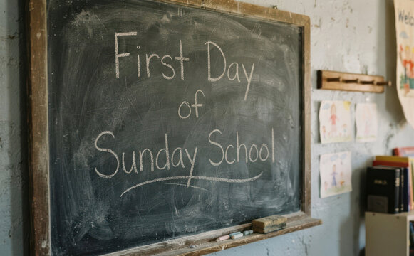 Chalkboard with First Day of Sunday School written on it in a classroom setting, perfect for church education and children ministry promotional materials