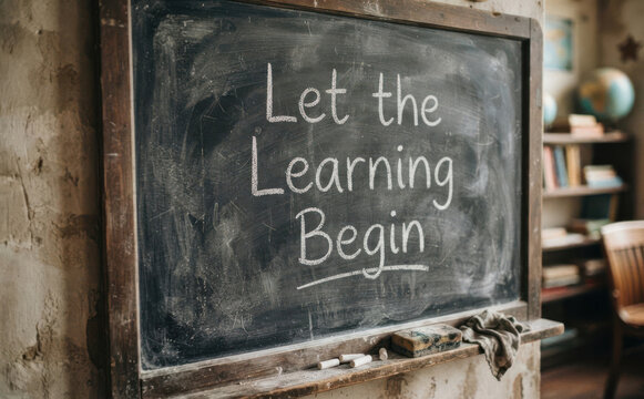 Chalkboard with the text Let the Learning Begin written in white chalk representing education school and classroom environment for students and teachers