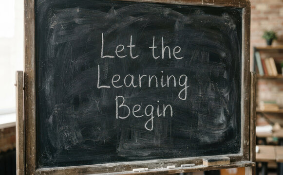 Let the Learning Begin handwritten message on a classic school blackboard for education concepts, back to school themes, and classroom inspiration