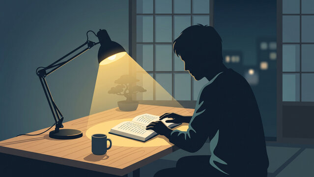 Man Reading Book at Desk Under Lamp Light at Night