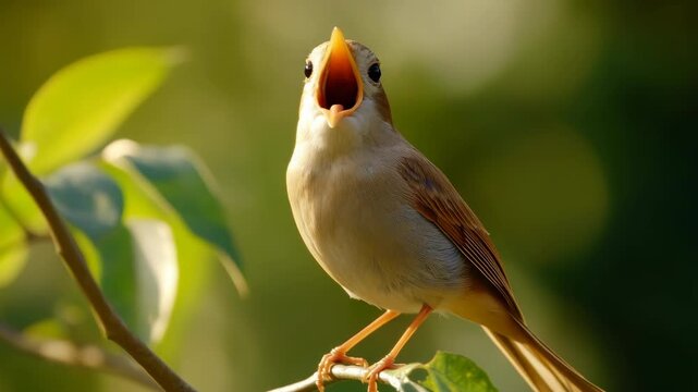 Small bird with open beak sitting on tree branch during daylight.