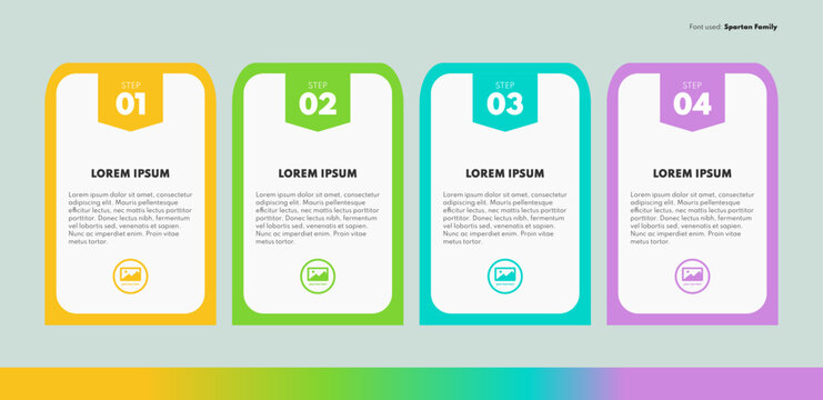 4 vertical columns infographic template with ribbon tags and colorful frame over light background