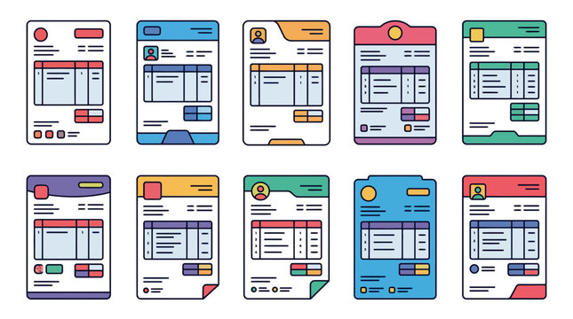 Collection of modern business document and invoice forms with profile headers and structured data fields.