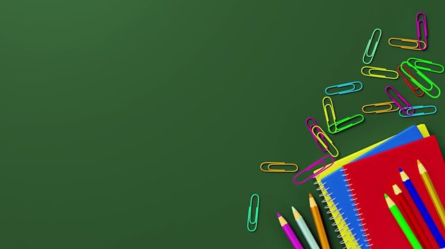 Clean 3D school chalkboard layout with stationery and copy space