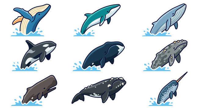 Diverse whale species illustration set including orca and blue whales.