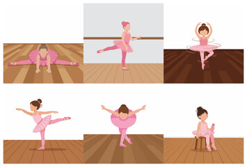 Collection of illustrations featuring a little girl practicing ballet in a pink tutu. Set of a young ballerina dancing, stretching, and training in a dance studio. © Triana