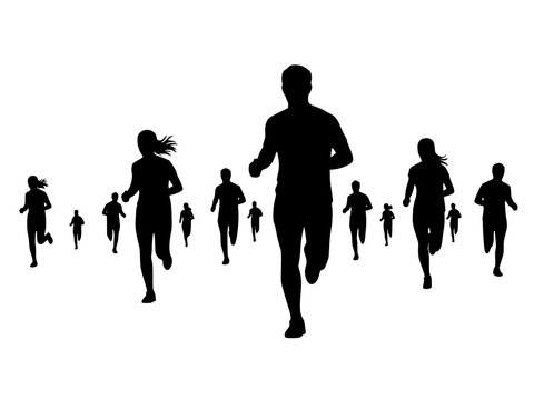 Black silhouettes of crowd of people running in a marathon