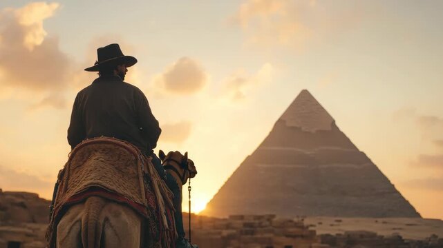 Dramatic sunset behind ancient pyramid. Rider on camel gazes at landmark. Silhouetted figure atop desert landscape. Golden light bathes stone monument. Desert wind whispers across dunes