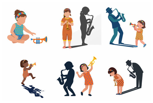 Set of Vector Illustrations of Little Girls Playing Musical Instruments with Creative Jazz Musician Shadows, Concept of Music Education and Potential Talent