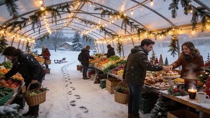 Obraz premium Winter Market Bounty: A charming winter market unfolds within a festive greenhouse, lined with stalls brimming with fresh produce and holiday treats.