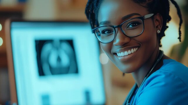 A cheerful healthcare professional wearing glasses and a blue shirt, smiling towards the camera while sitting at their workstation which displays medical imaging.