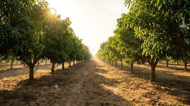 A sun-drenched mango orchard rows featuring lush green trees stretching into the distance at golden hour, capturing the essence of sustainable farming.
