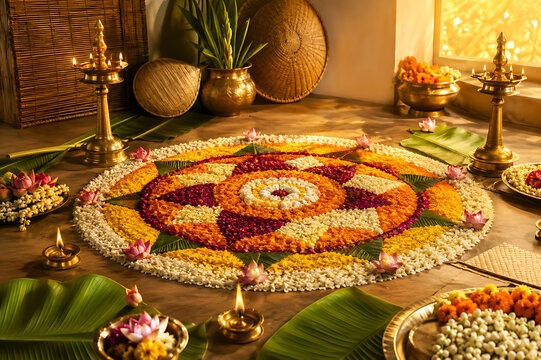 Kerala Onam Celebration Colorful Rangoli and Flower Pookalam Template