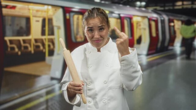 Woman chef in white uniform holding a rolling pin and showing middle finger gesture on a subway station platform; defiance.