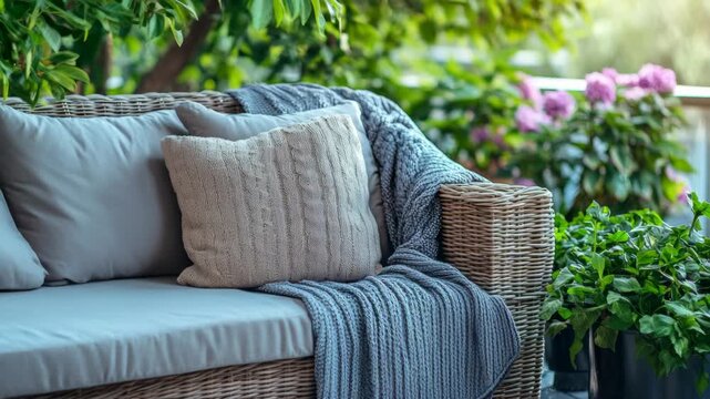 Cozy wicker couch with soft cushions and knit throw. Gentle sunlight filters through leafy greenery. Pink flowers bloom in background garden setting. Lush plants add natural vibrancy to tranquil scene