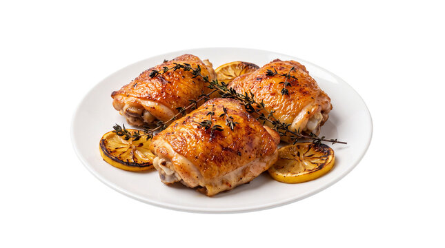 Succulent roasted chicken thighs with caramelized orange slices and herbs.