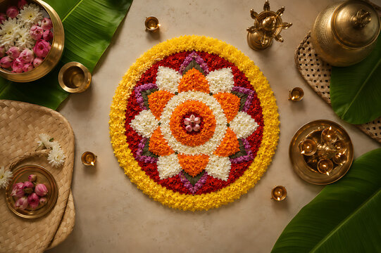 Kerala Onam Celebration Colorful Rangoli and Flower Pookalam Template