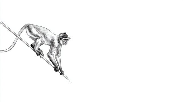 Curious Monkey Climbing on a Branch Against a White Background
