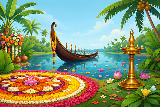 Onam Celebration Traditional Kerala Boat and Backwater Festive Banner Design
