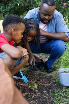 Male mentor guiding two teenage males kneeling and planting seedling in backyard bed with trowels