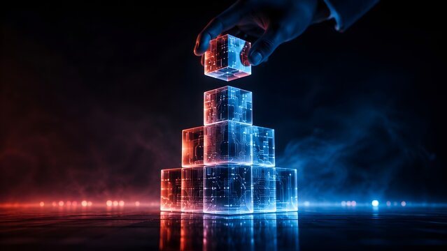 Businessman placing glowing circuit cube on pyramid structure for technology infrastructure and data architecture concept.