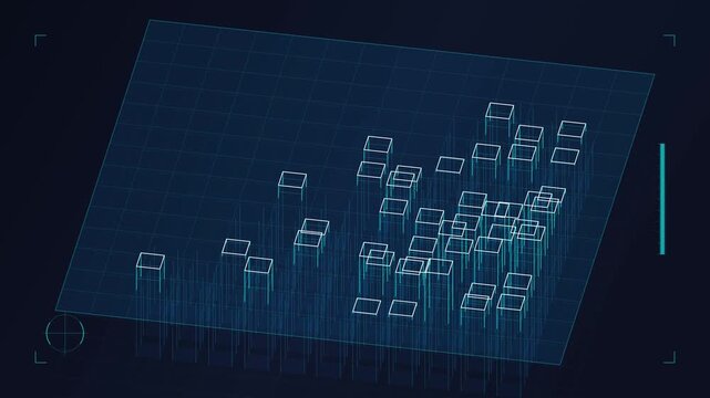 Abstract technology background with glowing wireframe cubes rising on a grid