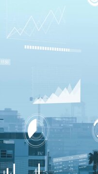 Animation of diagrams and data processing over cityscape