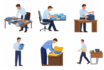 Obraz premium Collection of office workers handling business documents, sorting files, and managing heavy paperwork in a professional workplace