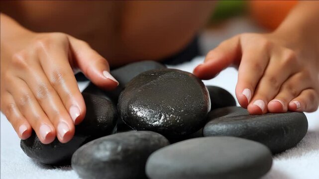 Person's hands massaging small rocks for relaxation and stress relief.