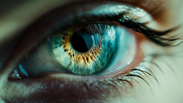 Close-up of human eye with green and gold iris. Soft focus highlights eyelashes and skin texture. Natural light enhances eye's depth and detail. Ideal for emotional or introspective visual projects