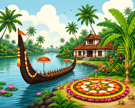 Onam Celebration Traditional Kerala Boat and Backwater Festive Banner Design