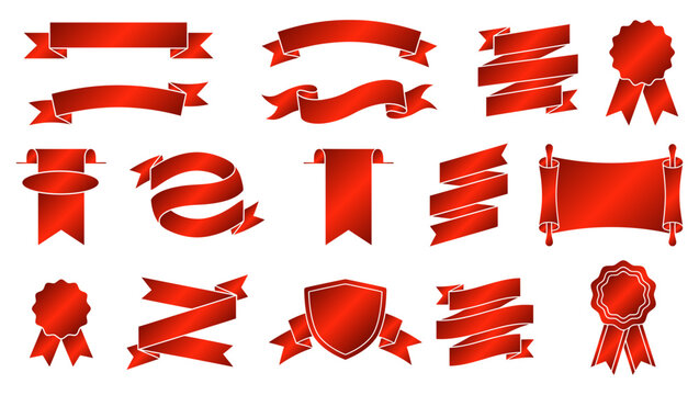 Set of premium and luxury various red ribbon banners and decorative badges with silver borders on white background