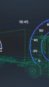 Animation of 3d truck with charging battery icon and speedometer on graphic screen