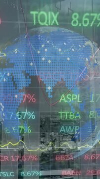 Animation of globe with financial graphs and data