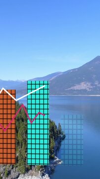 Animation of statistical data processing over aerial view of forest, sea and mountains