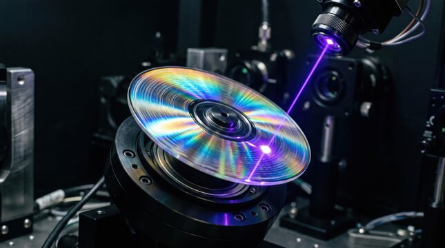 Precision purple laser scanning iridescent compact disc in laboratory, optical data storage and high-tech engineering concept