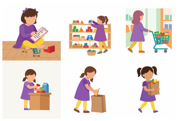 Little girl grocery shopping activity vector set, featuring a child playing supermarket, pushing a cart, picking items from shelves, and carrying grocery bags.