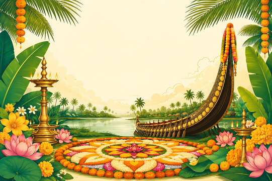 Onam Traditional Boat Sailing Through Kerala Backwaters Celebration Banner
