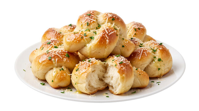 Golden garlic knots with parmesan and herbs, fresh baked bread rolls on white plate, savory appetizer for restaurant menu