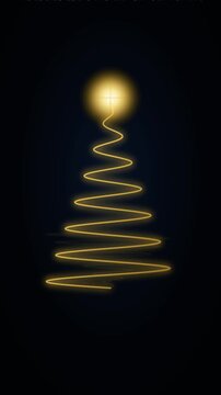 A stylized golden neon line draws a Christmas tree silhouette with a glowing star on a dark background in vertical orientation.